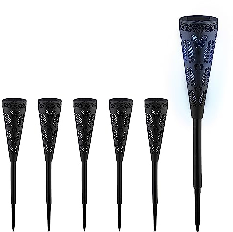 Relaxdays 6 Luces Solares LED, Faroles Diseño Antorcha, Iluminación Jardín y Exteriores, 41 x 7 cm, con Estaca, Negro