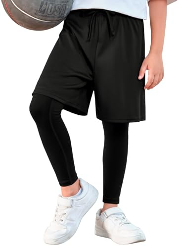 Haloumoning Boys Sports Leggings with Shorts Kids 2 in 1 Running Workout Athletic Legging Pants 5-14 Years Black