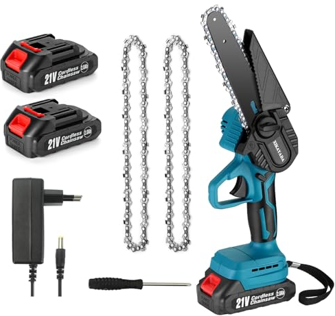 Motosierra Eléctrica sin Cable Motosierra Eléctrica 6 pulgadas Mini Motosierra con Batería 4000 mAh 2 Cadenas Motosierra Bateria con Batería 21V para Jardín Cortar Madera(azul)