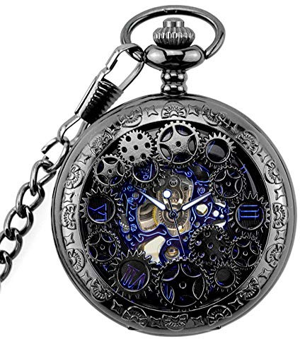 CAFIEDR Montre de Poche pour Hommes, Montre de Poche à clapet Creux, Collier pour Dames, Portefeuille, Montre de Poche mécanique Noire Romaine