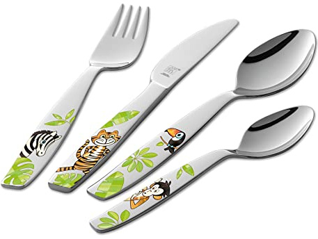 ZWILLING Set di posate per bambini, 4 pezzi, motivo: animali colorati, in acciaio inox 18/10