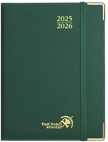 POPRUN Agenda 2025 2026 Veckokalender 22 x 16,5 cm, Aug'25 - Dec'26, Premium Skolkalender 17 Månader, PU Läderomslag, Månadflikar, Papper 100 gsm, Skogsgrön