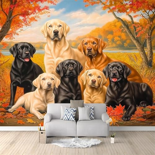 Mural Wallpaper Animals Puppy Fallen Leaves Non-Woven Art Print Wall Mural Decor Poster Picture Design Modern Living Room Kitchen Dining Room Bedroom Wall Mural Wallpaper 350 x 256 cm Orange Color