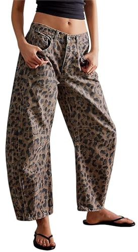 Womens Stretchy Mid Rise Barrel Jeans Vintage Loose Wide Leg Cropped Denim Pants Y2k Baggy Boyfriend Jeans (Large,Classic Leopard)
