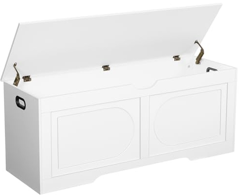 MAHANCRIS Storage Chest, 47.2” Toy Box, Entryway Storage Trunk, Shoe Bench with Storage, Engineered Wood Storage Cabinet with 2 Safety Hinges, Entrance Bench for Living Room, White SCWT2201