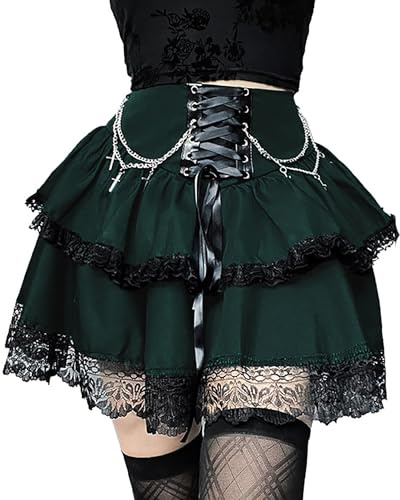 XKBHYD Mini Black Super Skirt Double Gothic Half Skirt Summer Women's Half Skirt Y2k Lace Ruffle Half Skirt Fitted Cord Skirt, A Emerald Green, M