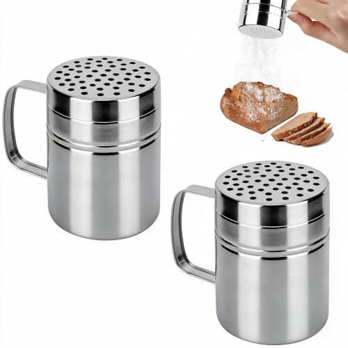 2pcs Dredger Shaker, Stainless Steel Flour Dredger Icing Sugar Chocolate Powder Shaker with Handle for Shaking Cocoa, Flour, Sugar, Salt, Spice