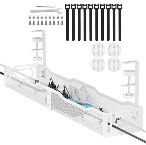 Plateau de Gestion des Câbles sous Le Bureau 64 cm | Panier Câbles Table en Maille Avec Attaches Sans Perçage pour Bureaux Domiciles Gamer Management (Blanc)