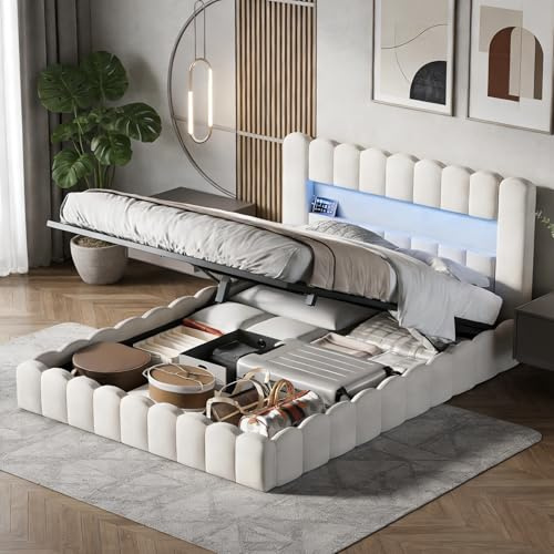 Cama Tapizada Bubble de 160 x 200 cm, Cama Doble con Canapé y Somier Cama Hidráulica con Iluminación Led y USB Estructura de Cama para Adultos y Adolescentes, Color Beige Lino