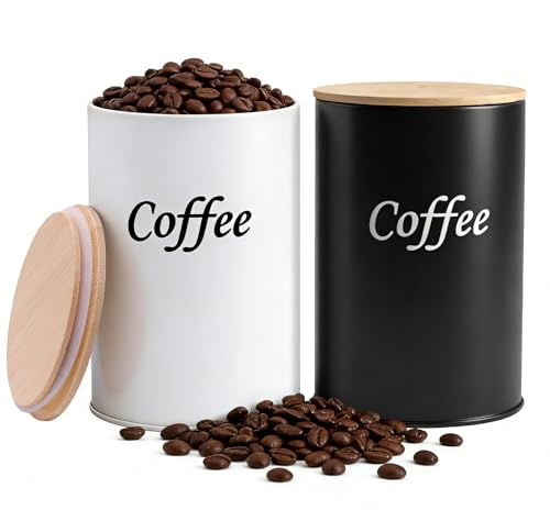 ZHIYUQL Juego de 2 latas de café herméticas (blanco y negro), 500 ml, recipiente para granos de café con tapa de madera, tarros redondos, para café molido, cápsulas de café, té