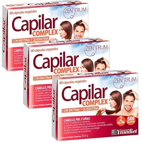 Pack 3 Capilar Complex Zentrum Ynsa diet 60 cápsulas vegetales, biotina, queratina, zinc, cobre y sabal, complemento para cabello, piel y uñas, 180 cápsulas totales.