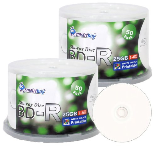 Smartbuy 100-disc 25gb 6X Bd-r BDR Blu-ray Single Layer White Inkjet Hub Printable Blank Data Recordable Media Disc with Cakebox/Spindle Packing