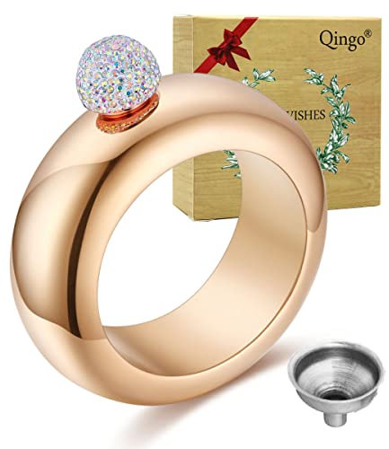 Qingo Bracelet Flask Bangle Flask Creative Stainless 304 Steeland Hip Flask Funnel Set For Women 3.5 oz (Rose Red With Rhinestones Lid)