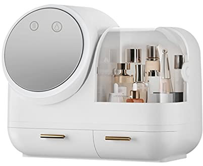 Futchoy Organizador de maquillaje, caja de almacenamiento de cosméticos, con espejo de iluminación LED giratorio, resistente al polvo, para tocador, dormitorio, baño (color blanco)