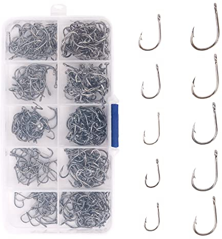 FRUHLING 500 Stück Kohlenstoffstahl Angelhaken mit Widerhaken Jigfischhaken Angelhaken mit Öse für Süßwasserangeln Meeresangeln 10 Größen
