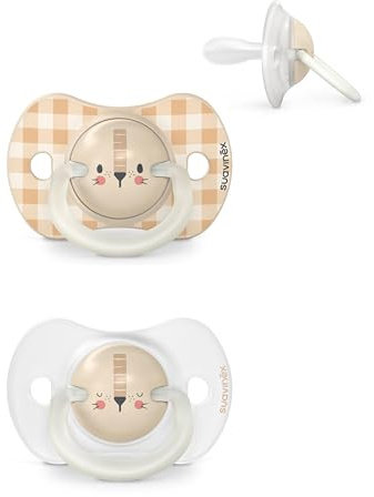 Suavinex, Lot de 2 Sucettes pour Nouveau-nés et Bébés 0/6 Mois, Sucettes Phosphorescentes, Idéal Nuit, avec Tétine Symétrique SX Pro en Silicone, Réversible, Douce et Souple, Night and Day, Beige