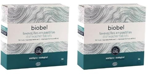 Biobel - Pastillas para Lavavajillas - Origen Natural - Pastillas Monodosis Todo en 1 - Limpia y Desengrasa la Suciedad Incrustada - Envoltorio Hidrosoluble - Sin Perfume - 30 Ud (Paquete de 2)