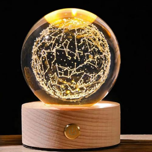 Azazaza Luz Nocturna de Bola de Cristal 3D, 8 cm Con Base de Madera LED, Lámpara Táctil USB de Constelación, Luz de Noche de Fantasía