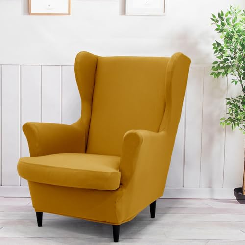 Highdi 2 Pezzi Copripoltrona con Orecchie Elasticizzato Tinta Unita Copripoltrona 1 Posto con Coprisedile, Spandex Antiscivolo Lavabile per Bar Soggiorno Camera da Letto (Giallo Zenzero)