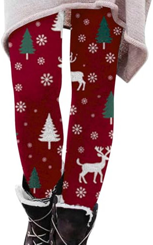 Damen-Weihnachts-Leggings, elastische Hose, Thermohose, modisch, bequem, schmale Passform, Weihnachtsmann, Tiergeschenk, Schneeflocken-Druck, Freizeithose, Leggings, Wander-Leggings für Damen, wein,