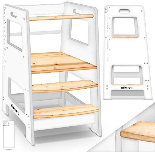KIDUKU® Lernturm aus Holz ab 1 Jahr mit 4 Stück Antirutsch Pads | Montessori Kinder-Schemel für Kinder | Lerntower für höchste Sicherheit | Learning Tower für Mädchen & Jungen (Weiß/Naturell)