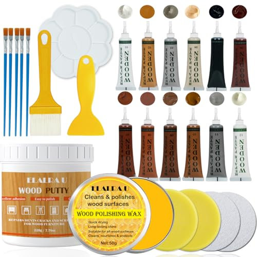 Wood Furniture Repair Kit - 26pcs Laminate Floor Touch-Up Filler with 12 Colors, Wood Putty & Beeswax for Scratches, Cracks, Holes
