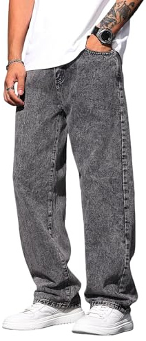 DFGIGT Men's Wide Leg Regual Fit Y2K Jeans Hip Hop Streetwear Denim Pants Casual Skateboard Trousers Relaxed Fit Baggy Jeans 2000s Skater Loose Straight Leg Casual Trousers,E9 Grey,Small