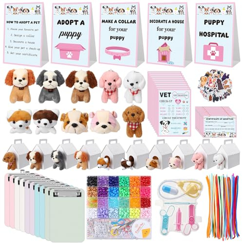Guiqulai 207 Pcs Adopt a Puppy Party Favors Pet Adoption Station Package Include 10 Mini Plush Dogs 10 Boxes and 187 Adopt a Puppy Supplies for Dog Party Supplies Gifts