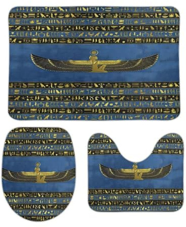 3 Piezas Juego De Alfombra De Baño Arte De La Diosa del Ornamento Egipcio Dorado Juego De Alfombrillas De Baño Decorar Antideslizantes Alfombras De Cama, para Dormitorio, Cocina, Bathroom