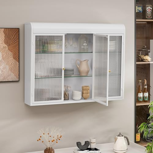 Ligterra Armario colgante de cocina con 3 puertas de cristal, vitrina colgante en forma de arco, armario colgante para cocina, salón y baño (blanco)