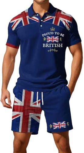 Mens Shorts and T Shirts Sets Pink White Red Union Jack Flags Print Tracksuit Pjs Short Sleeve Polo Shirts Gym Shorts Summer 3 Piece Outfits Men's England Shirt Great Britain Ve Day Clothes Activewear
