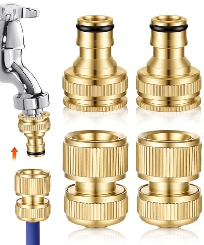 Gyxova 4 Pezzi Connettore in Ottone Rapidi 1/2 Adattatore Rubinetto Canna Acqua 3/4 Connettore D'ottone Solido del Tubo del Giardino Raccordo Tubo Acqua per Cucina e Giardino