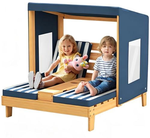 Maxmass 2-Seater Kids Sun Lounger, Double Lounge Chair with Canopy, Cushions, Cup Holders, Wooden Children Daybed Sunbed Patio Reclining Chair Garden Recliner Pool Beach, 100 KG Load Capacity