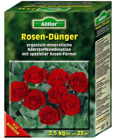 Allflor Rosen-Dünger 1 x 2,5 Kg in der Faltschachtel I Rosendünger mit organisch-mineralischer Nährstoffkombination und spezieller Rosen-Formel I NPK-Dünger 5+7+4 plus Magnesium