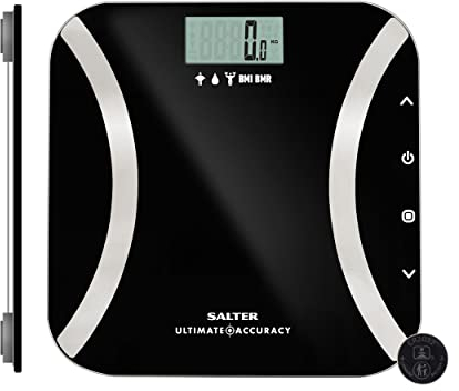 Salter 9173 BK3R - Bilancia Ultimate Accuracy, misura grasso/acqua corp., massa musc., BMI e BMR, increm. di 50 g per valori precisi, mem. 12 utenti, mod. atleta/bambino, capac. max 180 kg, nero