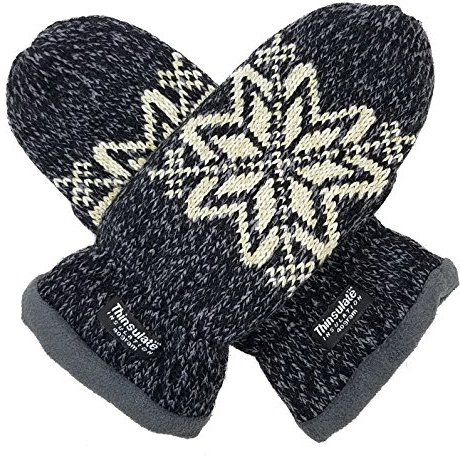 BRUCERIVER Women Snowflake Knit Mittens with Warm Fleece Lining Size M (Black)