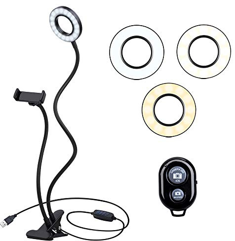 K&F CONCEPT Selfie Ring Light with Cell Phone Holder for Live Stream and Makeup, LED Light [3-Light Mode] [10-Level Brightness] with Remote Control and Flexible Hose Bracket
