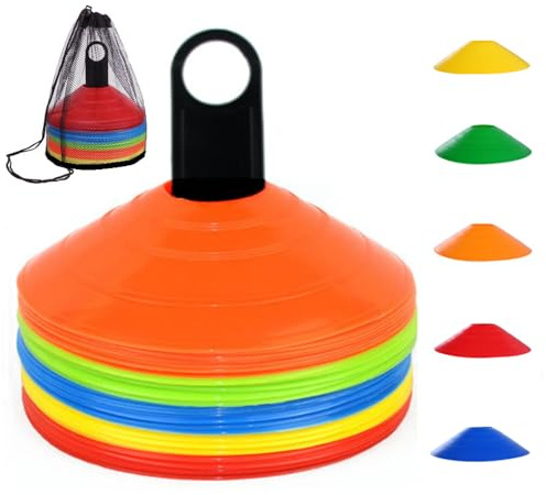 YOQXHY Soccer Cones (50 Pcs), Disc Cone Agility Training Sports Cone Plastic with Carry Bag & Holder for Football Basketball Drills Field Markers, (5 Colors)