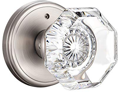 CLCTK Crystal Glass Door Knobs Interior, Modern Bathroom Bedroom Door Knobs with Lock Privacy Function, Satin Nickel