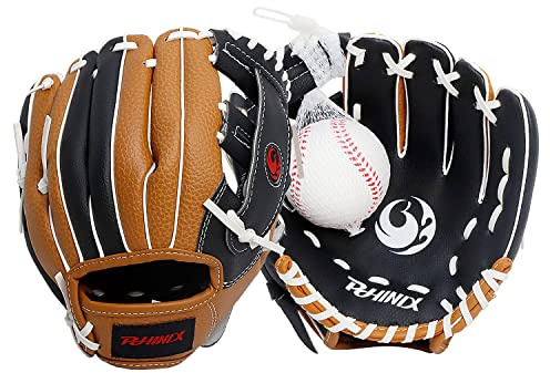 PHINIX Tee Ball Glove with Foam Baseball (Black/Brown/White, 9 )