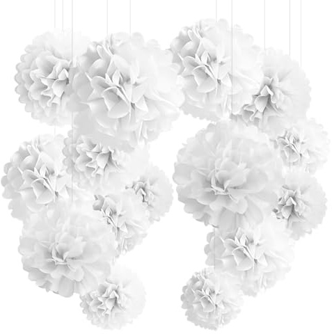 YBwanli Decorazione Festa Tema Bianco，24 Pompon di Carta velina，Fiori di Carta Pompon，Adatto per Feste di Compleanno，Matrimoni，Festa delle Ragazze，Decorazione(Bianco)