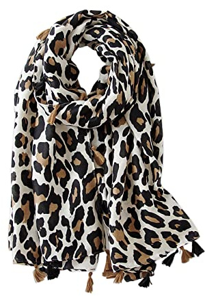 LumiSyne Bufandas Mujer Moda Leopardo Patrón Estampado Animal Vintage Étnico Algodón Lino Pañuelo Con Borlas Largo Cálido Fular Chal De Playa Toda La Temporada