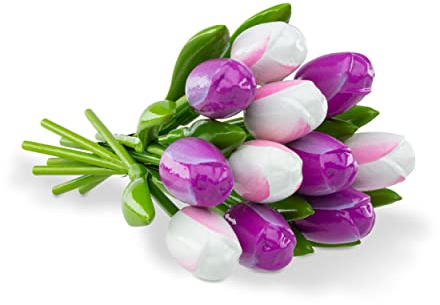 MomoMoments Bouquet in legno viola/bianco, 11 tulipani in legno, 34 cm di altezza, dipinto a mano, bouquet, fiori in legno, festa della mamma, regalo da donna, made in Olanda