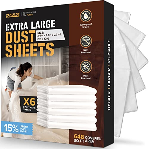12x10FT 6 Pack Extra Large Plastic Dust Sheets for Decorating - 3.6M x 3M - Plastic Dust Sheets for Painting - Clear Plastic Sheet for Furniture & Floor Covering - Plastic Sheeting Heavy Duty - RAULDE