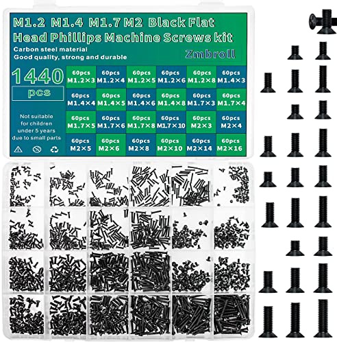Zmbroll 1440 Pcs Black Laptop Notebook Computer Screws M1.2 M1.4 M1.7 M2 Flat Head Phillips Machine Screws Countersunk ssd Screws Accessories Mini Machine Computer Screws Assortments Kits