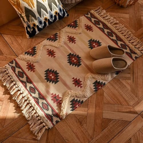 Plancholo Tuftad bomullsmatta med tofsar, boho-matta löpare för vardagsrum sovrum tvättstuga entré 60 x 90 cm