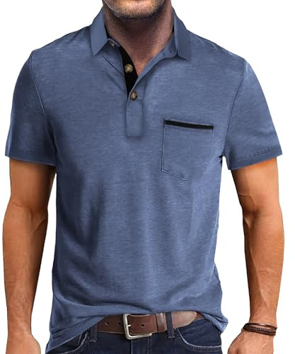 Mens Fashion Polo Shirts Cotton Classic Short Sleeve Lightweight Button Shirt with Pocket