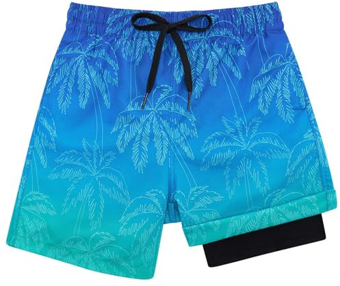 Kids4ever Badshorts för pojkar med kompressionsfoder, 2-i-1, snabbtorkande badbyxor, brädshorts, strandshorts med fickor 7-18 år