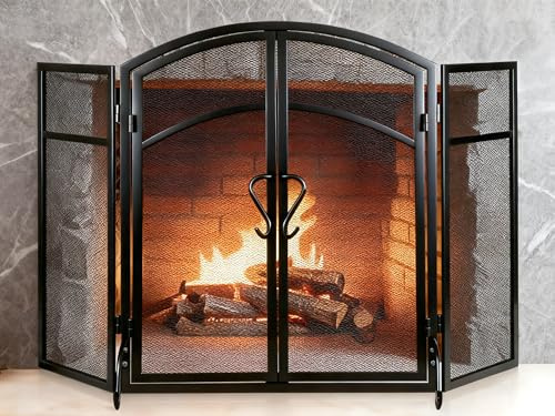 Gtongoko 3 paneler öppen spis skärm med dörrar 130 cm B x 81 cm H smidesjärn extra stor öppen spis skärm dekorativ brandgnista skyddsgaller för vardagsrum heminredning – svart