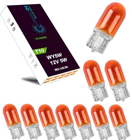 LIGHTWORLD24 10 x WY5W T10 12V 5W 5 Watt Blinker Lampe Sockel 2.1x9.5d Glassockellampe Signallampe AMBER Glühlampe Seitenlinker Blinklicht Gelb ORANGE